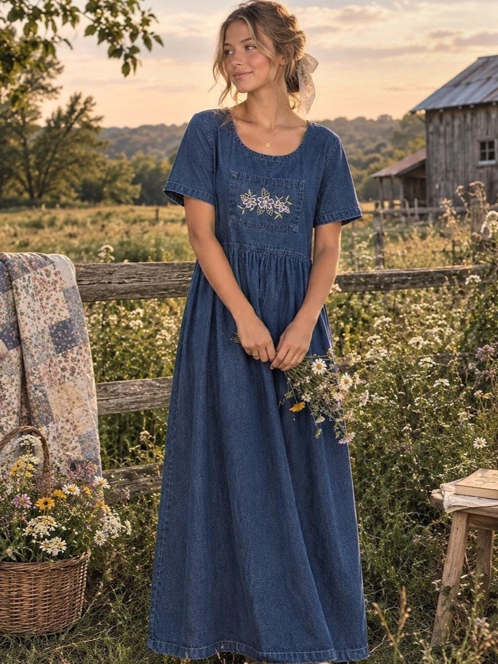 Premier International Embroidered Denim Maxi Dress 100% Cotton Size Large